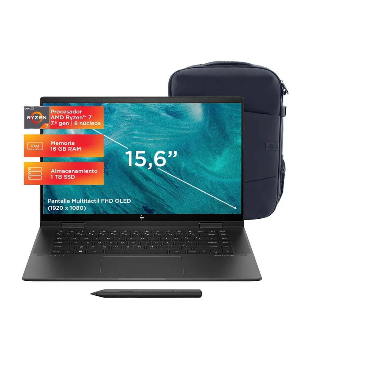 HP - HP ENVY x360 2 en 1 15-fh0002la 15.6” OLED Touch Ryzen 7 7730U 16GB 1TB SSD Windows 11 Lapiz + Mochila