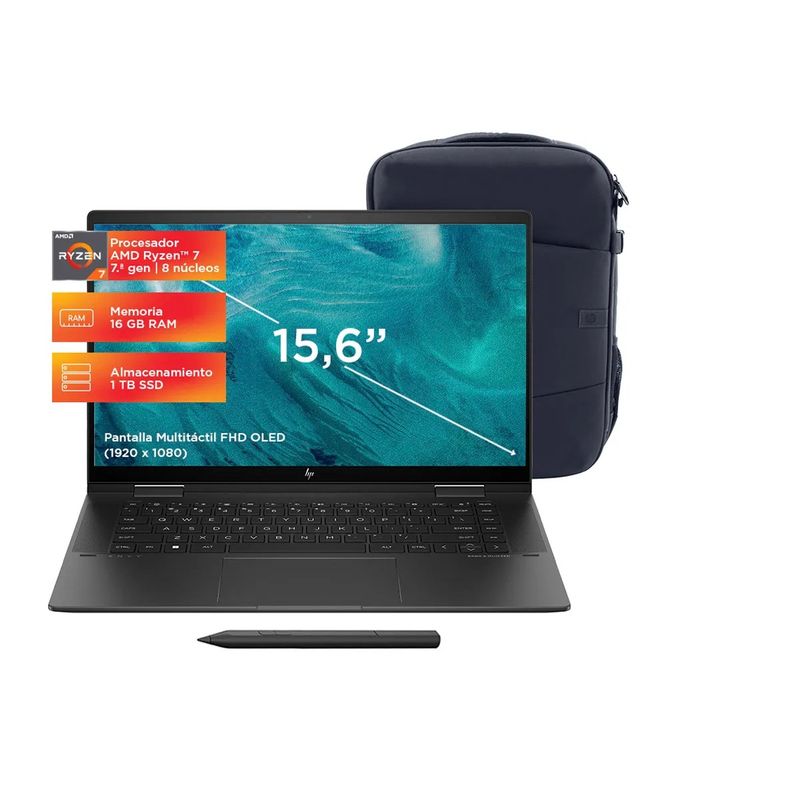 HP - HP ENVY x360 2 en 1 15-fh0002la 15.6” OLED Touch Ryzen 7 7730U 16GB 1TB SSD Windows 11 Lapiz + Mochila