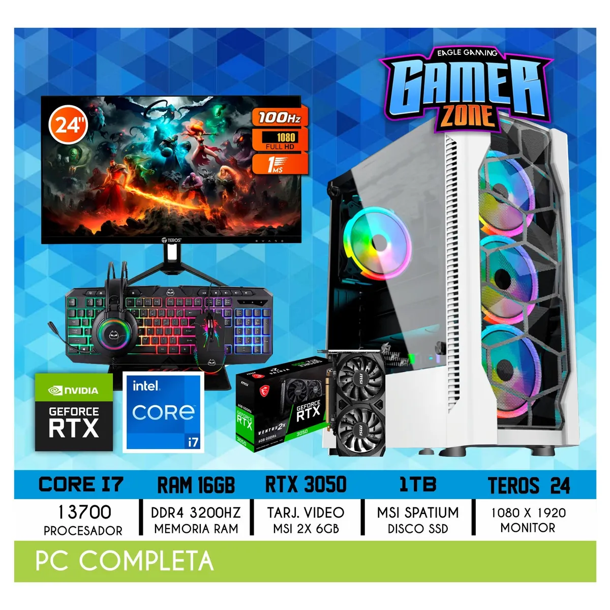 NVIDIA - COMPUTADORA PC GAMER INTEL CORE I7 13700 16GB 1TB RTX 3050 6GB MONITOR 24 FHD