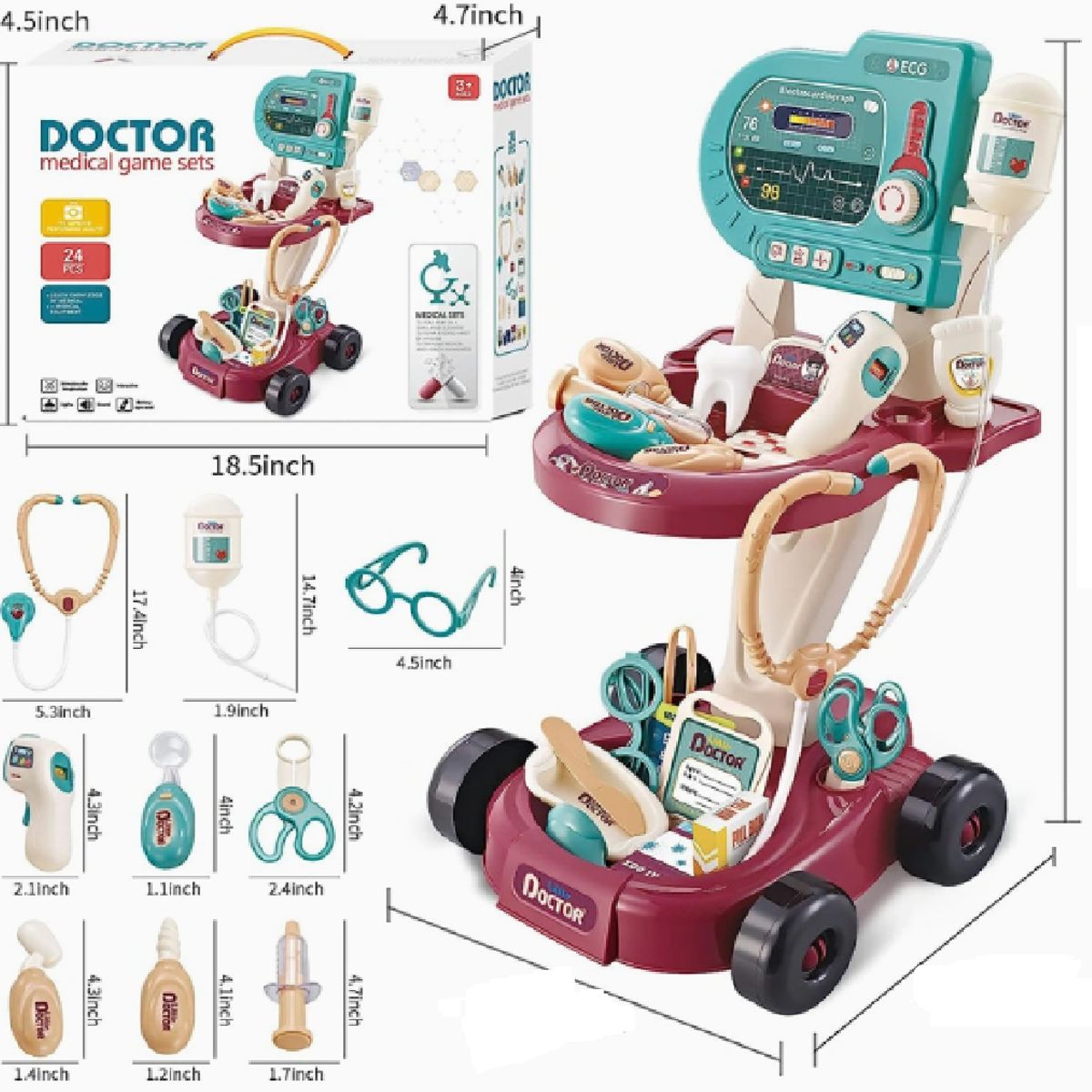 GENERICO - Kit Juguete  Carrito de Docotor con Accesorios para Niños