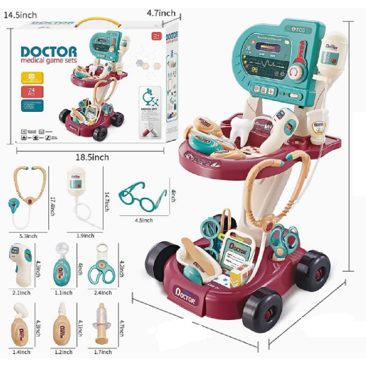 GENERICO - Kit Juguete  Carrito de Docotor con Accesorios para Niños