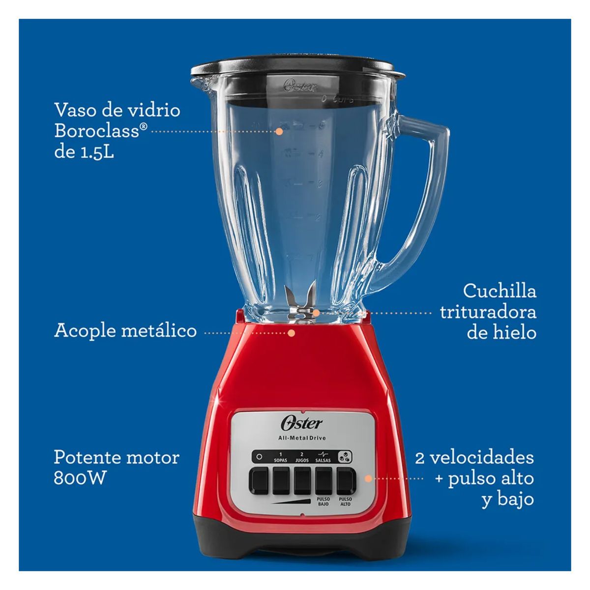 OSTER - Licuadora Oster de 1.5L con 2 velocidades BLSTKAG RPB 053 Rojo