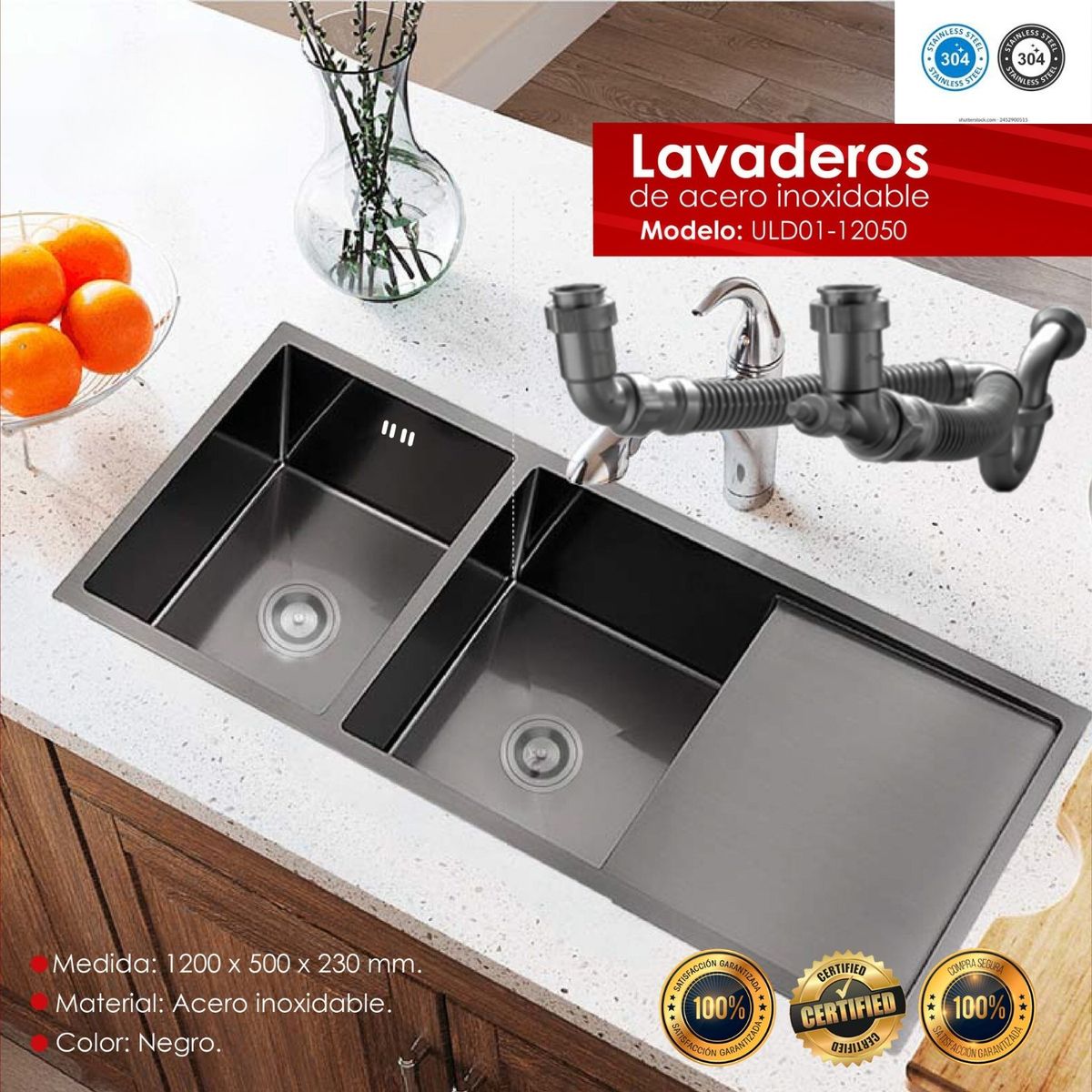 XM - Lavadero de Cocina de Lujo  Acero Inox XM ULD01-12050 Nano Negro