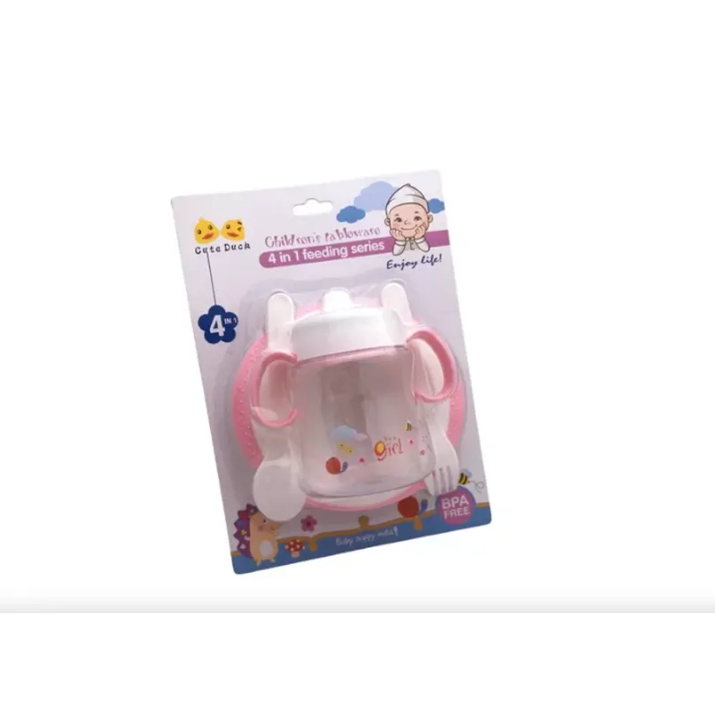 GENERICO - Set alimentación X4 piezas -plato-cubiertos-tomatodo ROSADO