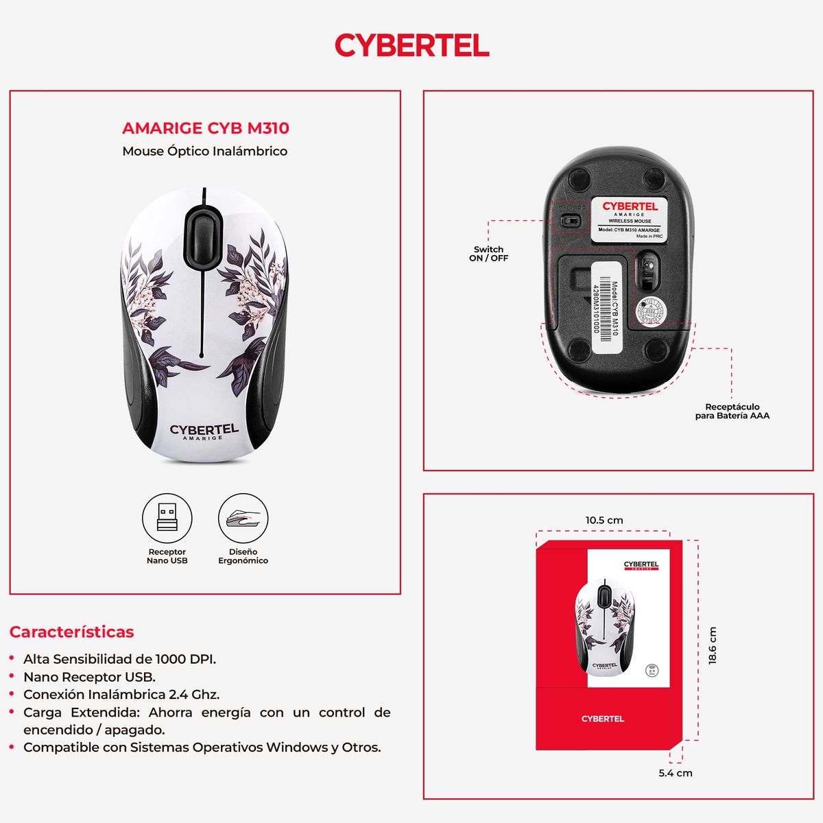 CYBERTEL - Mouse Office Optico Inalambrico Amarige CYB M310 Cybertel