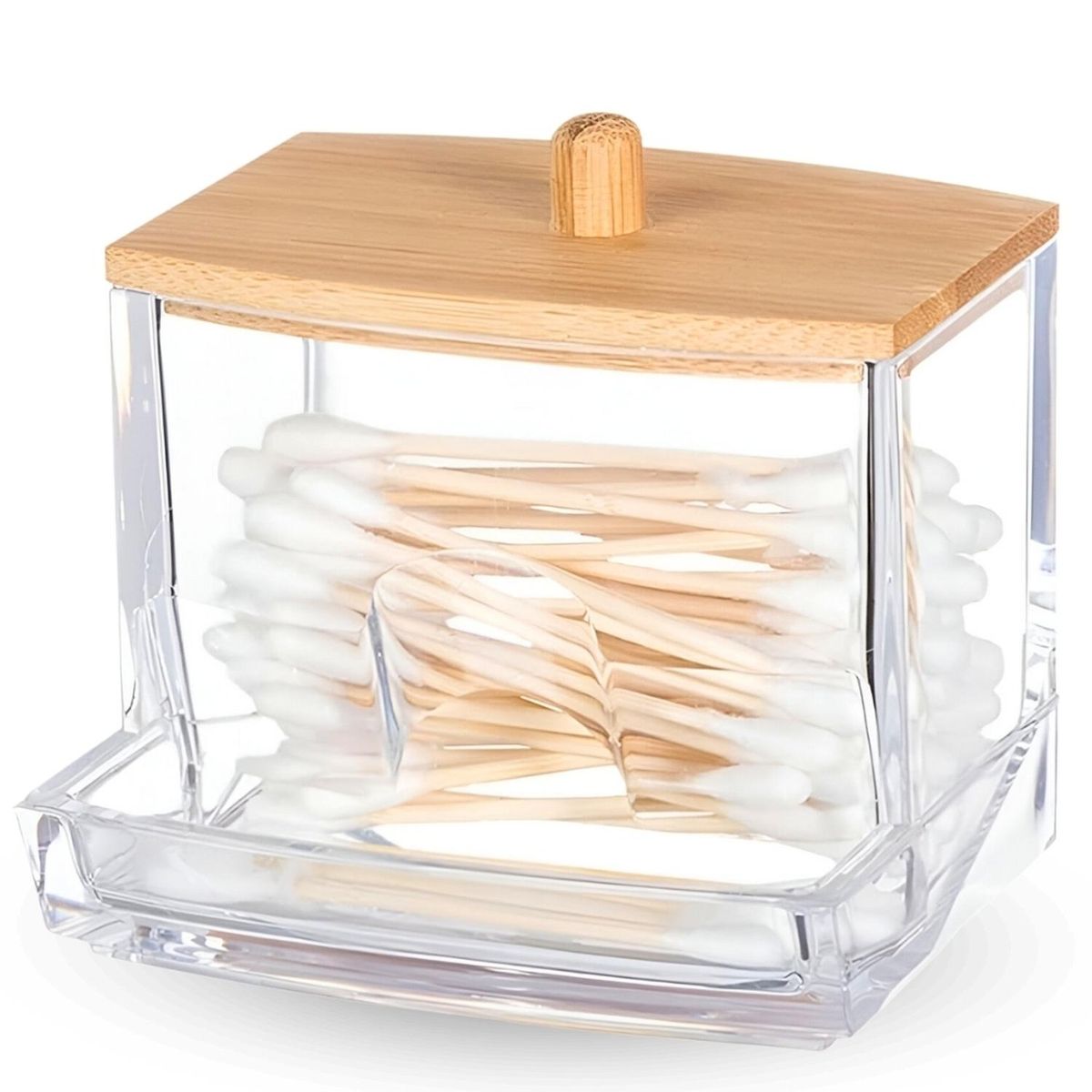 MINARI - Organizador Acrílico Dispensador de Hisopos Tapa de Madera A171