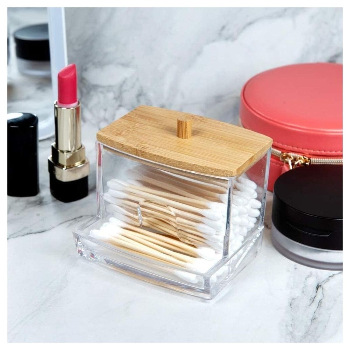 MINARI - Organizador Acrílico Dispensador de Hisopos Tapa de Madera A171