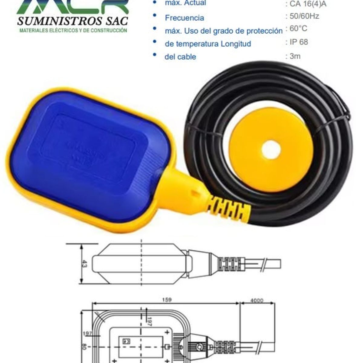 GENERICO - FLOTADOR CONTROL DE NIVEL DE LIQUIDO CON 3 METROS DE CABLE SUMERGIBLE