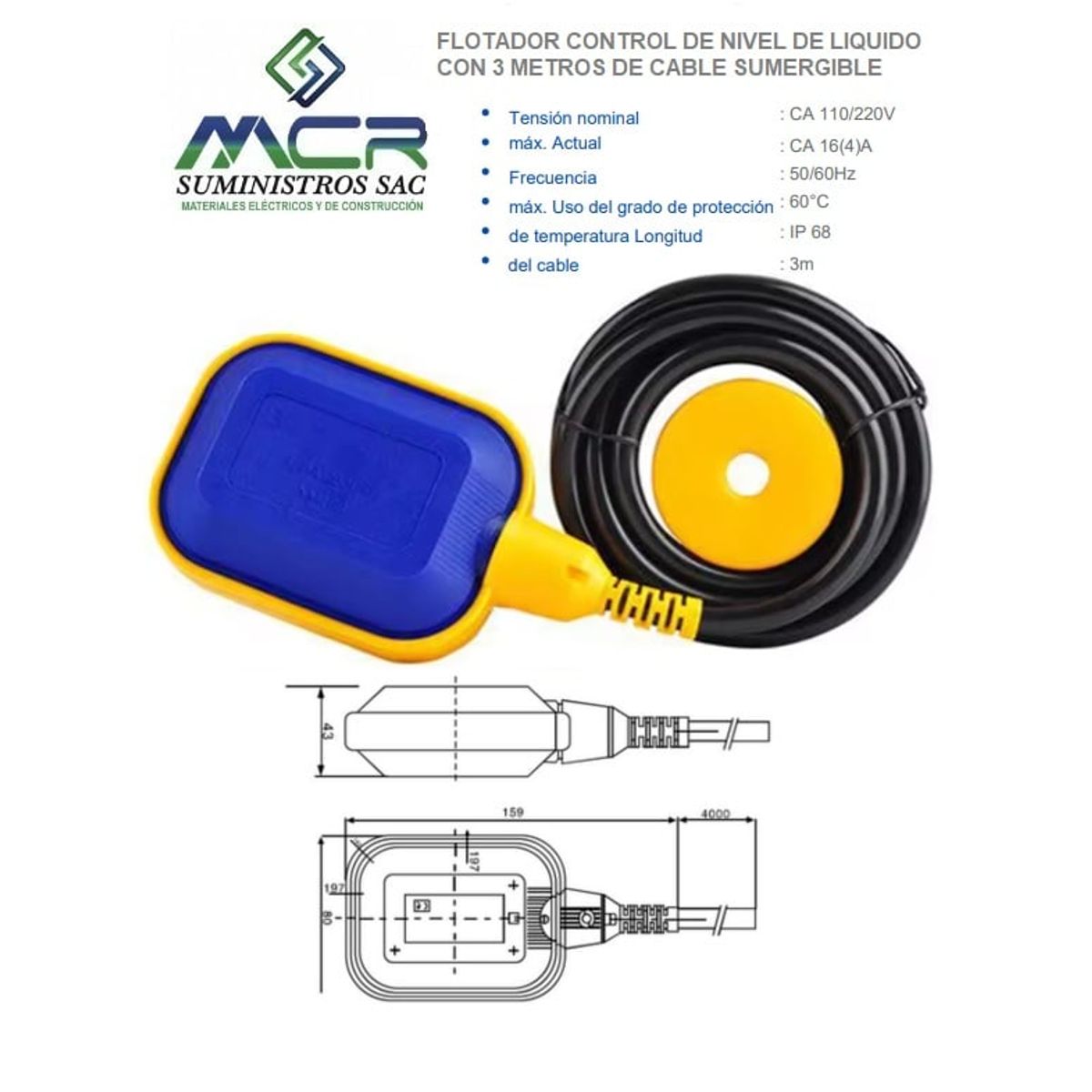 GENERICO - FLOTADOR CONTROL DE NIVEL DE LIQUIDO CON 3 METROS DE CABLE SUMERGIBLE