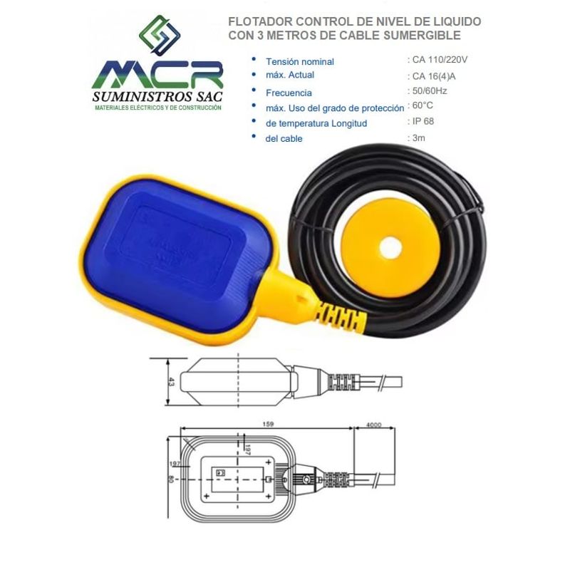 GENERICO - FLOTADOR CONTROL DE NIVEL DE LIQUIDO CON 3 METROS DE CABLE SUMERGIBLE