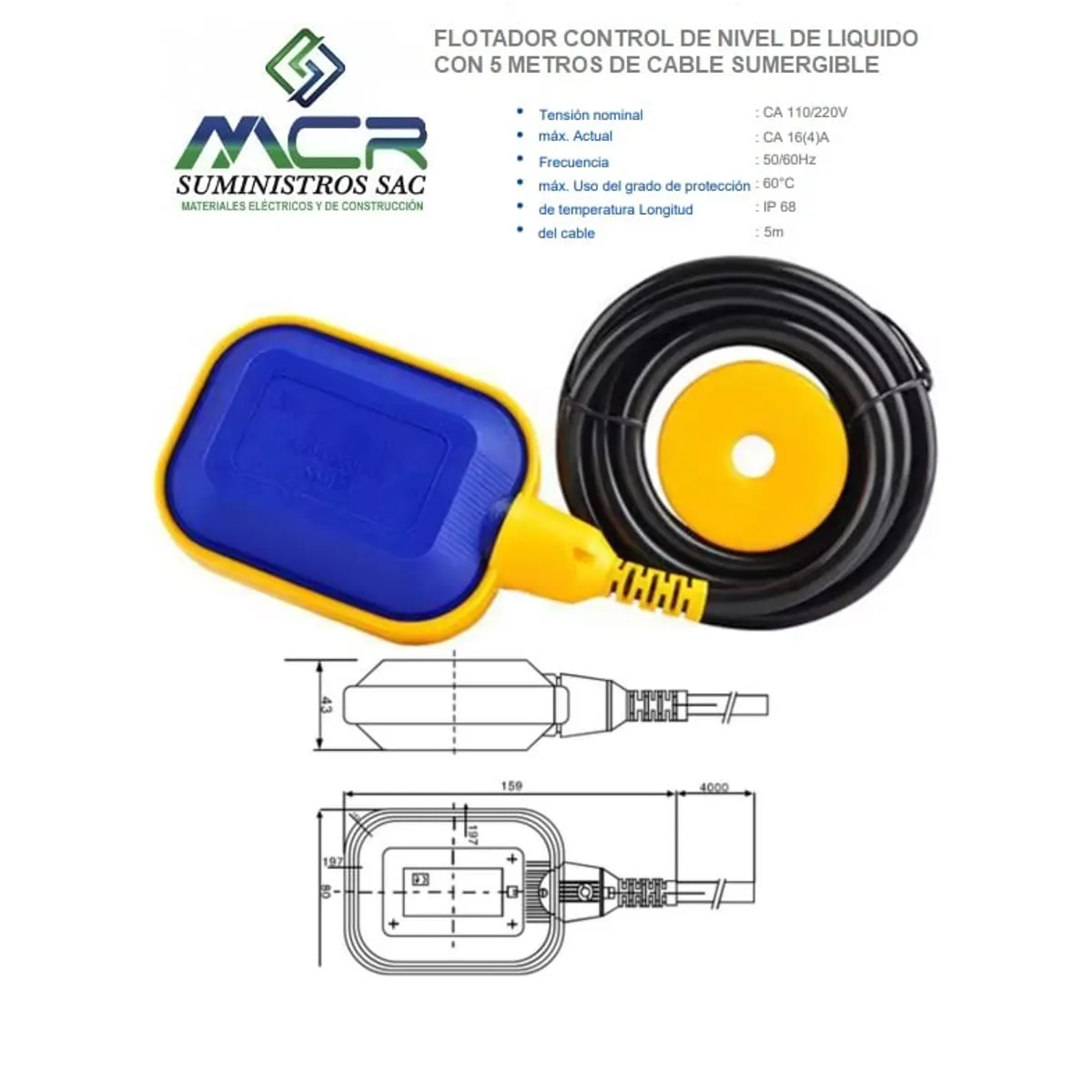 GENERICO - FLOTADOR CONTROL DE NIVEL DE LIQUIDO CON 5 METROS DE CABLE SUMERGIBLE