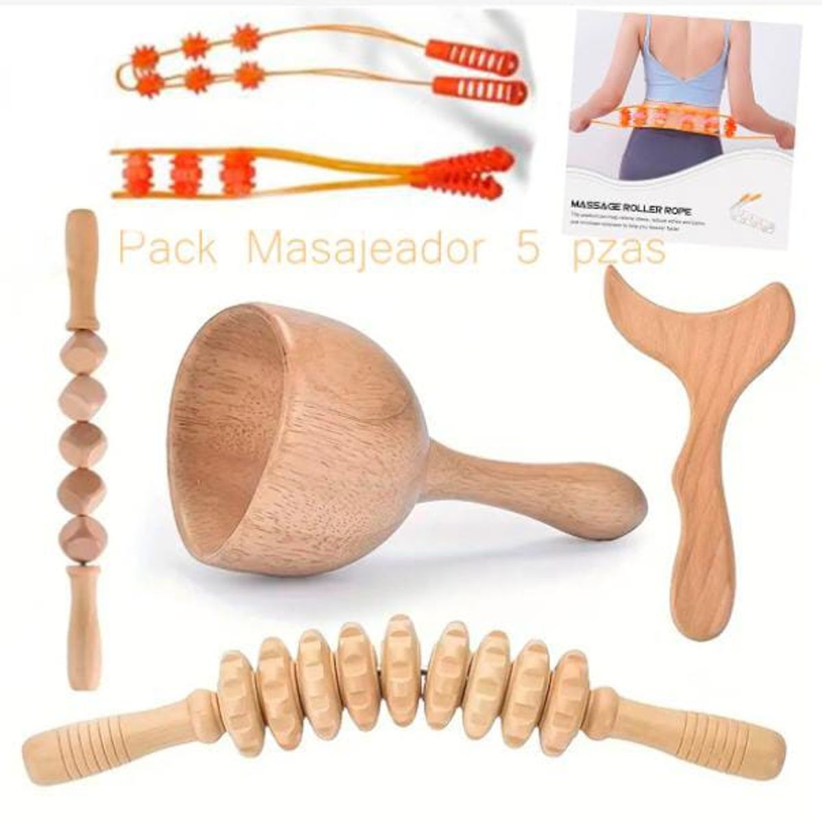GENERICO - Pack 5 piezas de masajeadores de madera