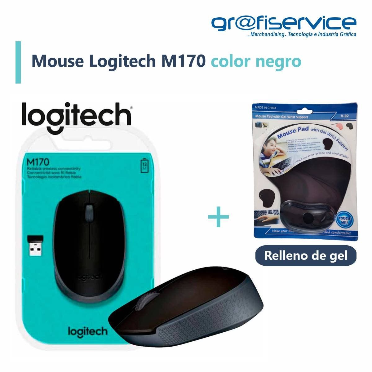 LOGITECH - Mouse Logitech M170 color negro + Mouse Pad Ergonómico con Gel Negro