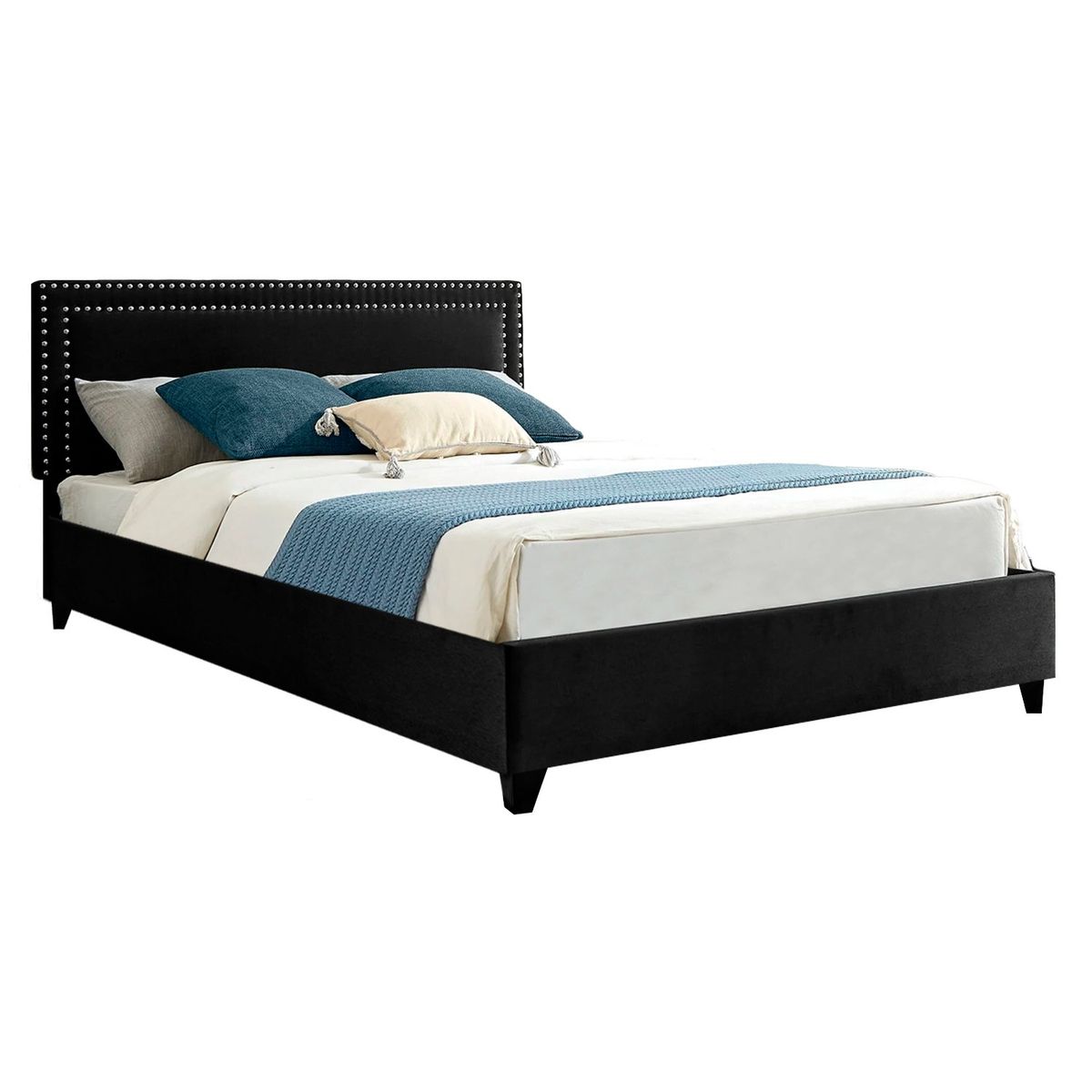 GENERICO - Cama Tapizada Lisa con Tachuelas Negro Queen