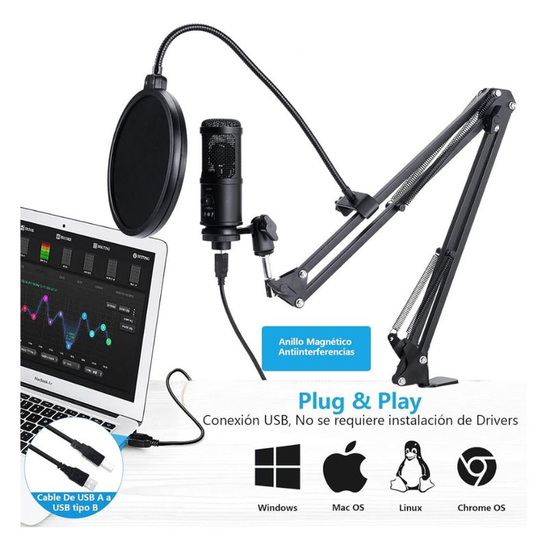 SEISA - Kit Profesional Microfono Condensador Grabación PC Laptop PS4 BM-65