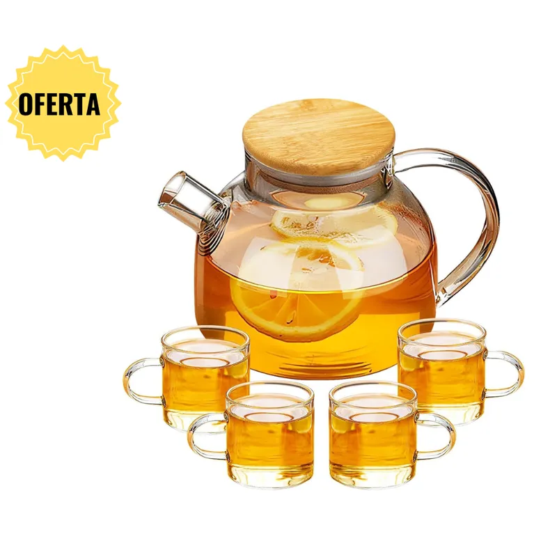 GENERICO - Tetera de vidrio 1 litro con set de  4 tazas