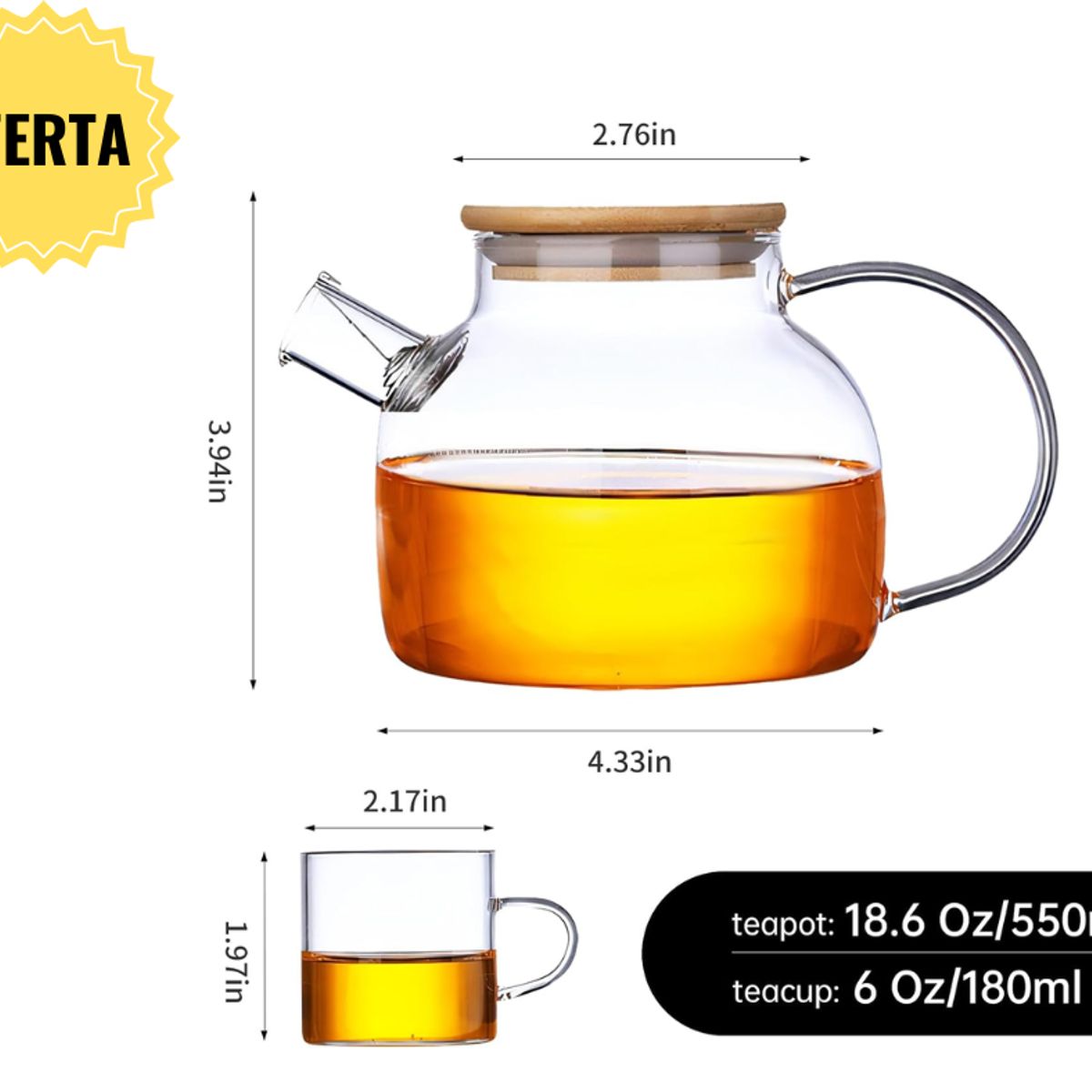 GENERICO - Tetera de vidrio 1 litro con set de  4 tazas