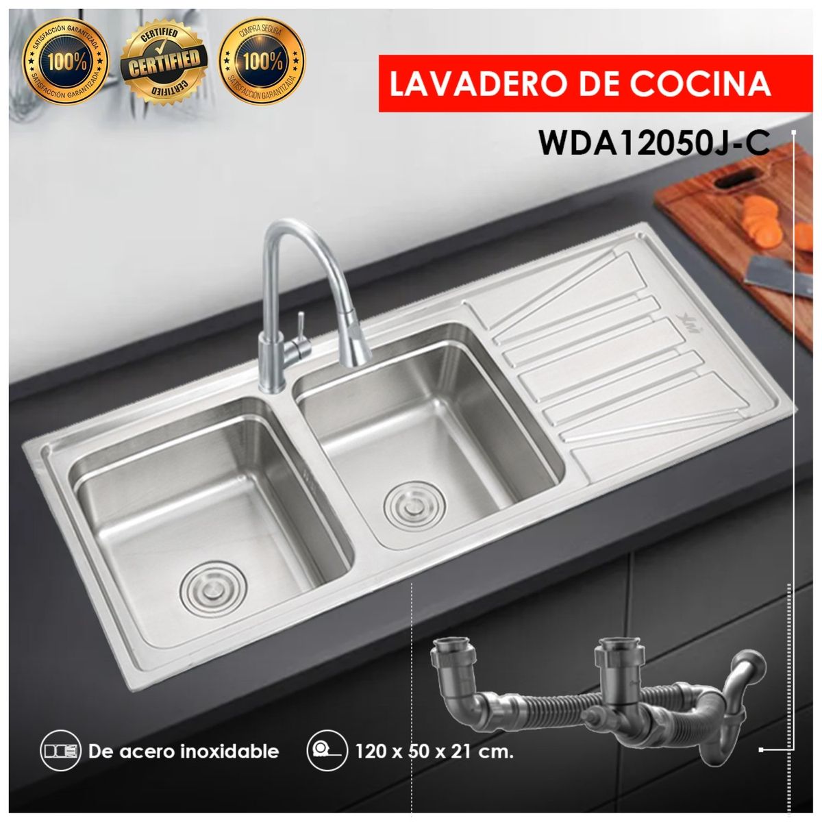 GENERICO - LAVADERO DE DOCINA 2 POZAS CON ESCURRIDOR ACERO INOX 304 120 CMX 50CM