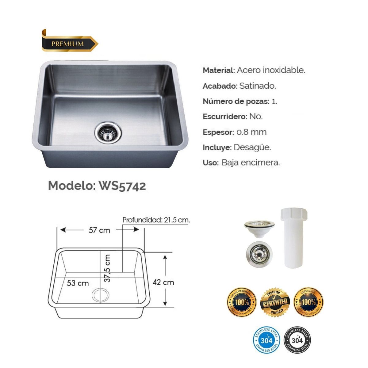 IMPORTADO MC - LAVADERO DE COCINA 57 CM X 42 CM ACERO INOXIDABLE 304