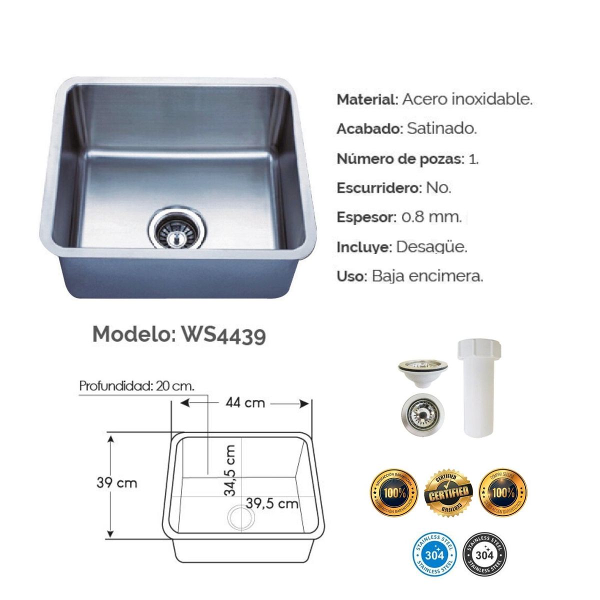 GENERICO - LAVADERO DE COCINA 44 CM X 39 CM ACERO INOXIDABLE 304