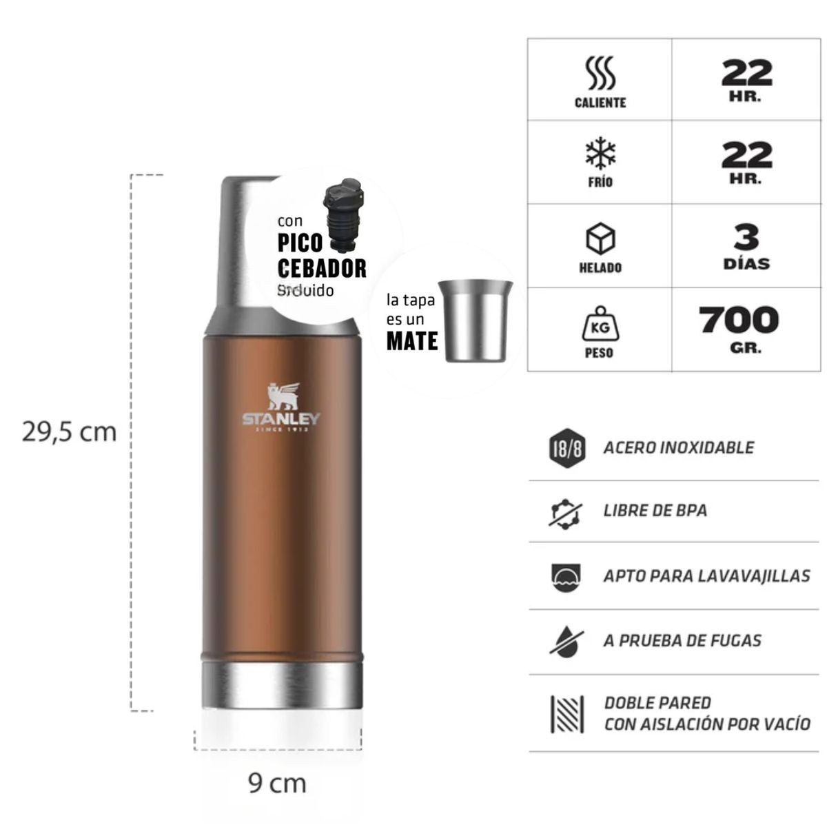 STANLEY - Termo de Bebida Mate System Dorado Stanley 800ml + Bombilla Negra