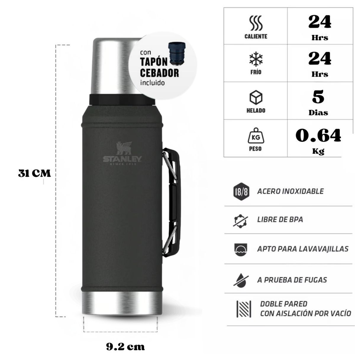 STANLEY - Combo Stanley Termo Classic 946 + Matero 236ml + Bombilla Negro