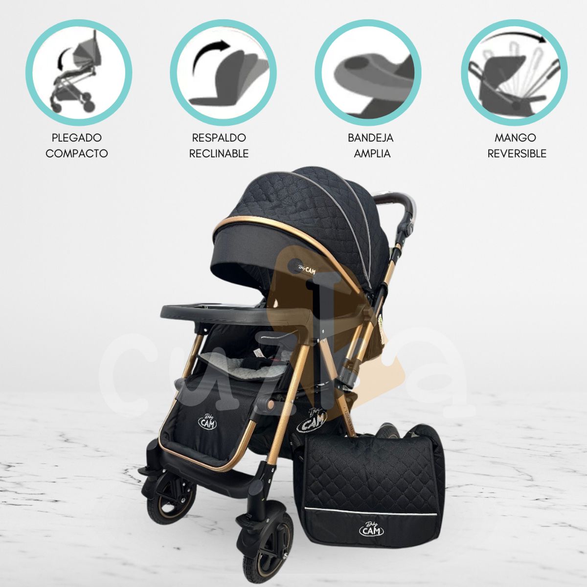 CUZKA - Coche Cuna Reversible de Aluminio «ZARAGOZA» Black