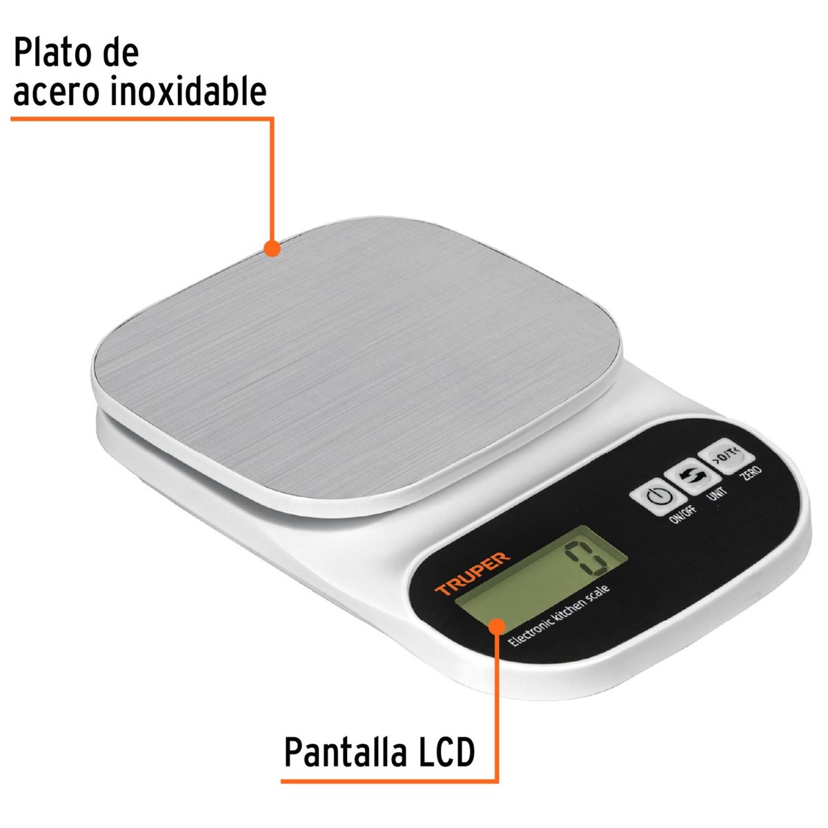 TRUPER - Balanza Báscula digital para cocina plato de acero inox5kg Truper