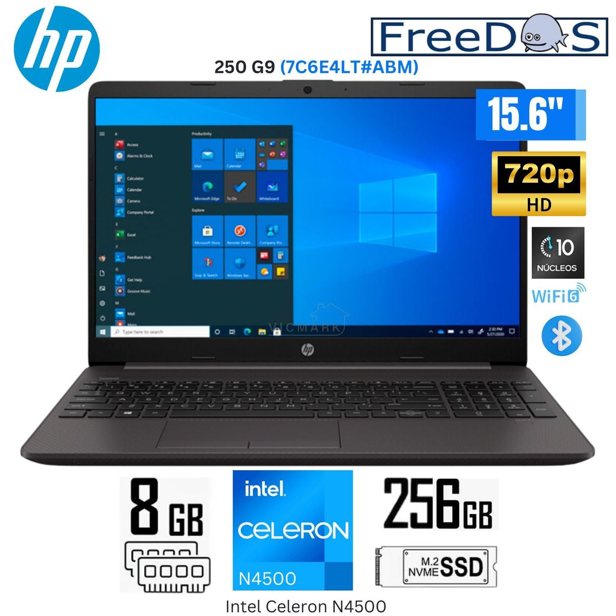 HP - Laptop HP 250 G9 (7C6E4LT#ABM) Intel Celeron N4500 8GB RAM 256GB SSD 15.6" HD FREE DOS - Gris