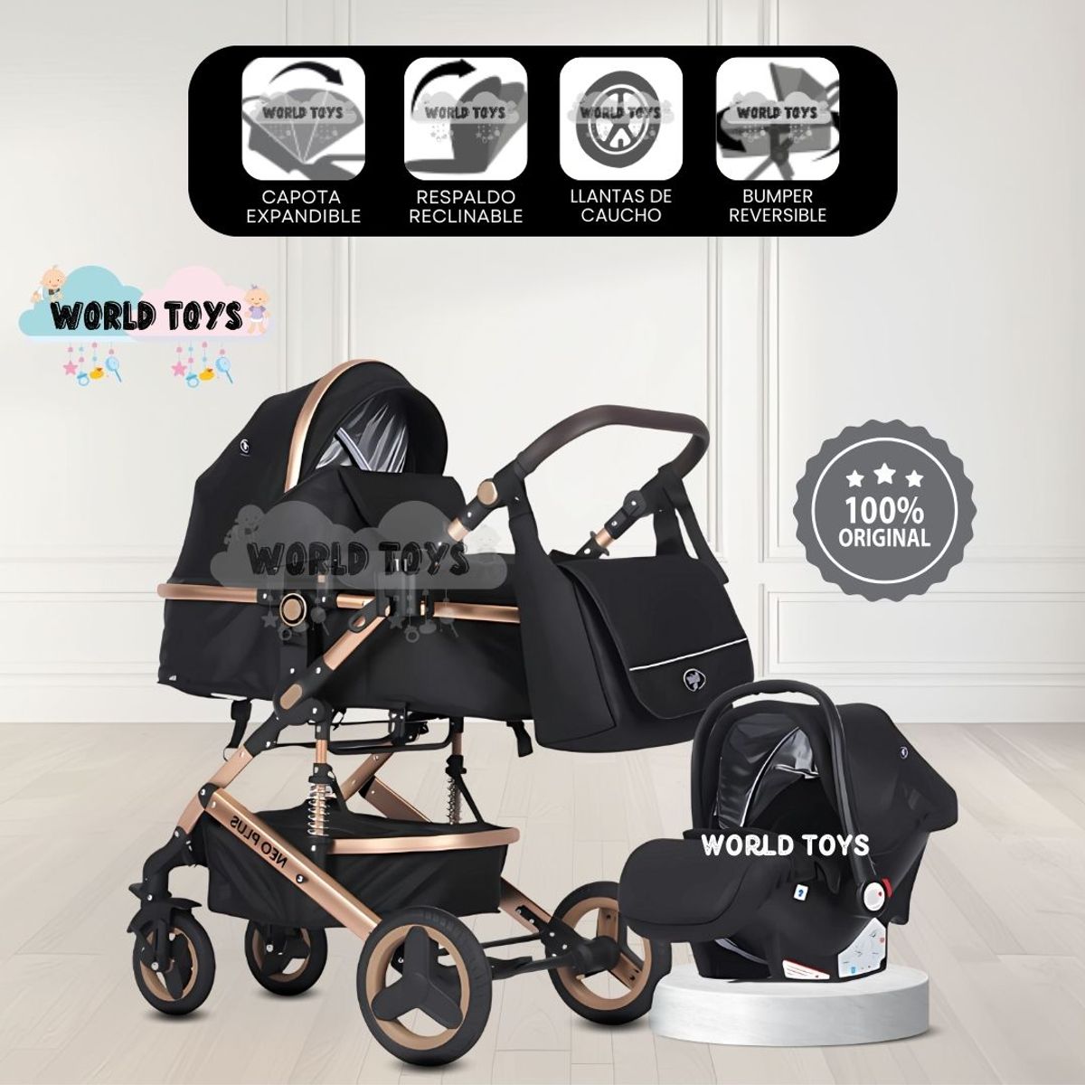 BABY - Coche Moisés 4 en 1 «GRAND LUMIERE» con Portabebé Black