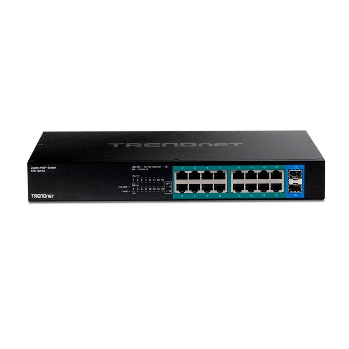 TRENDNET - SWITCH TRENDNET DE 16 PUERTOS POE+ GIGABIT Y 2 SFP P/N: TPE-TG182