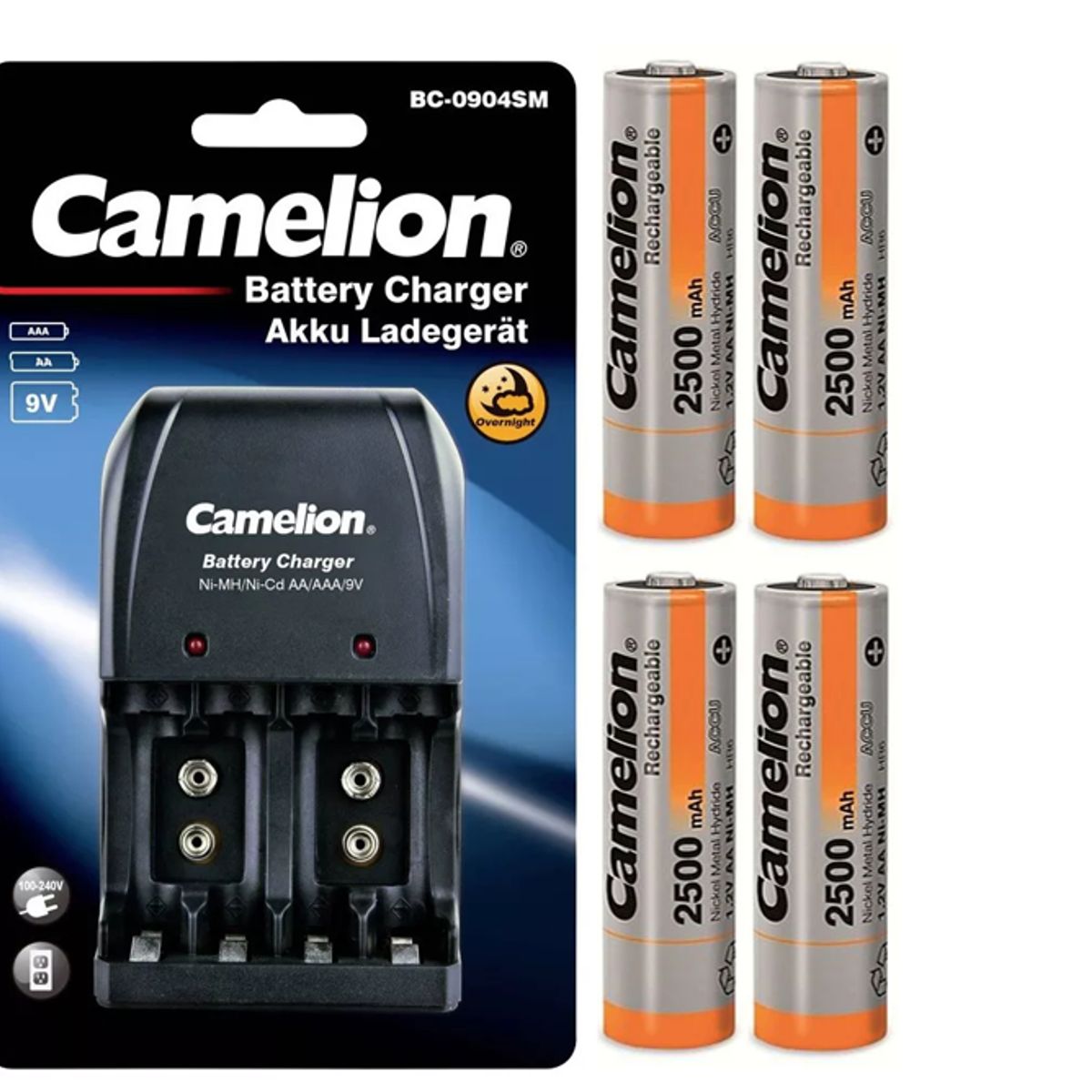 CAMELION - Cargador para  4xAA -4xAAA y 2x9v + 4 Pilas Recargables de 2500mah