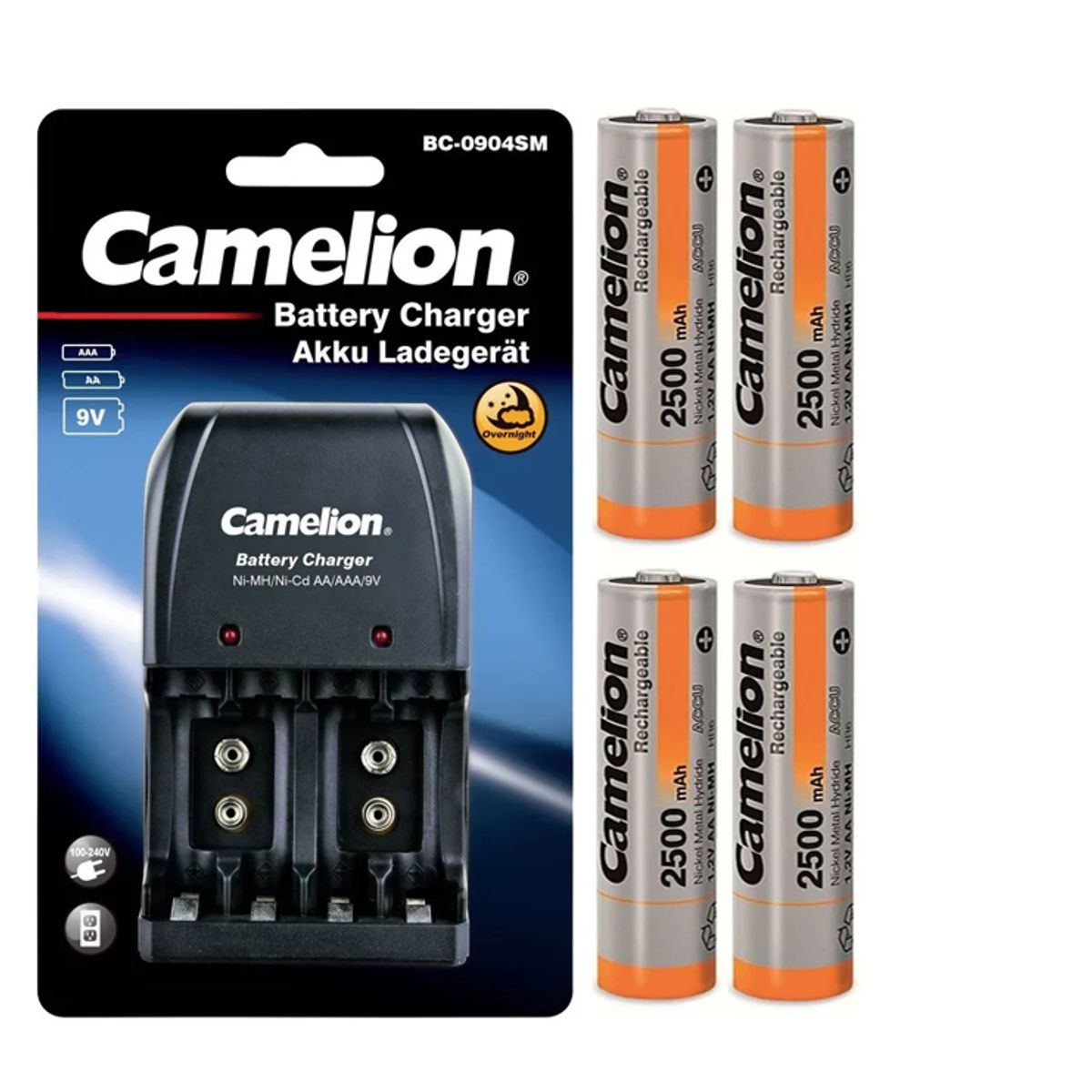 CAMELION - Cargador para  4xAA -4xAAA y 2x9v + 4 Pilas Recargables de 2500mah