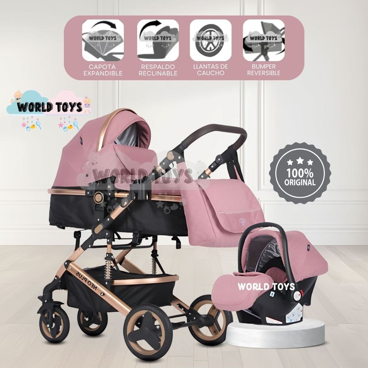 Baby - Coche Moisés 4 en 1 «GRAND LUMIERE» con Portabebé Pink