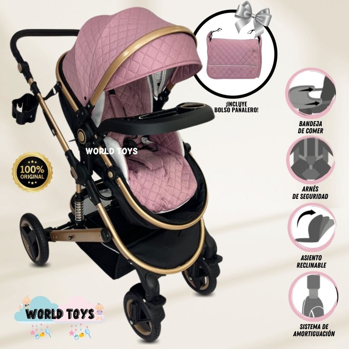 BABY - Coche Moisés de Lujo «LUMIERE» con Bolso Pañalero Pink