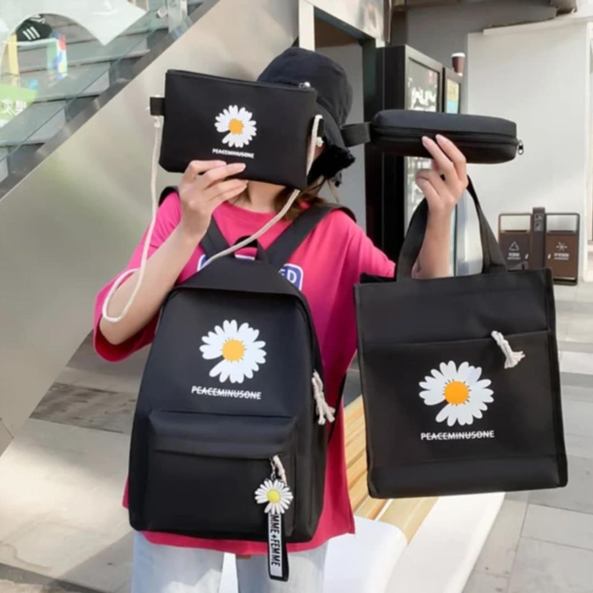 GENERICO - Mochila Kawai Set 4 en 1 Bolso Monedero Niñas modelo Coreana Colegio