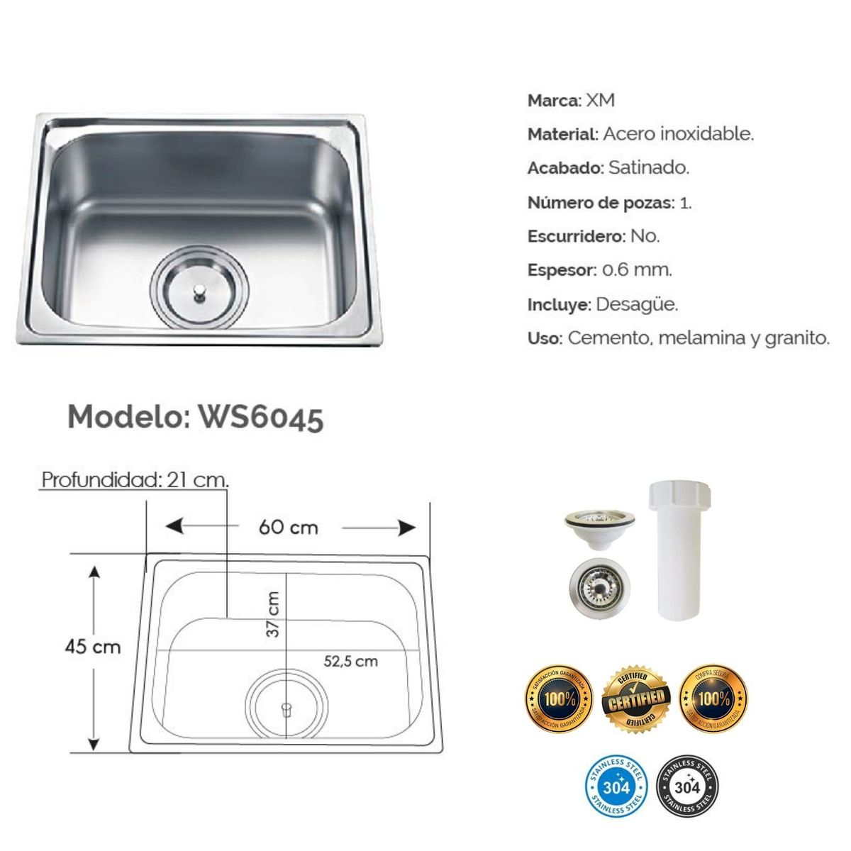 GENERICO - Lavadero para cocina de 1 Poza de Acero Inoxidable 304 60cm x 45 cm