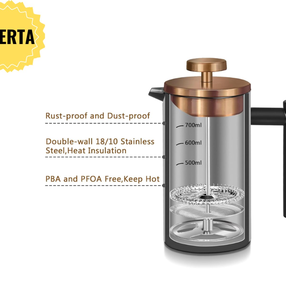 GENERICO - Prensa francesa negra dorada de acero inoxidable 600 ml