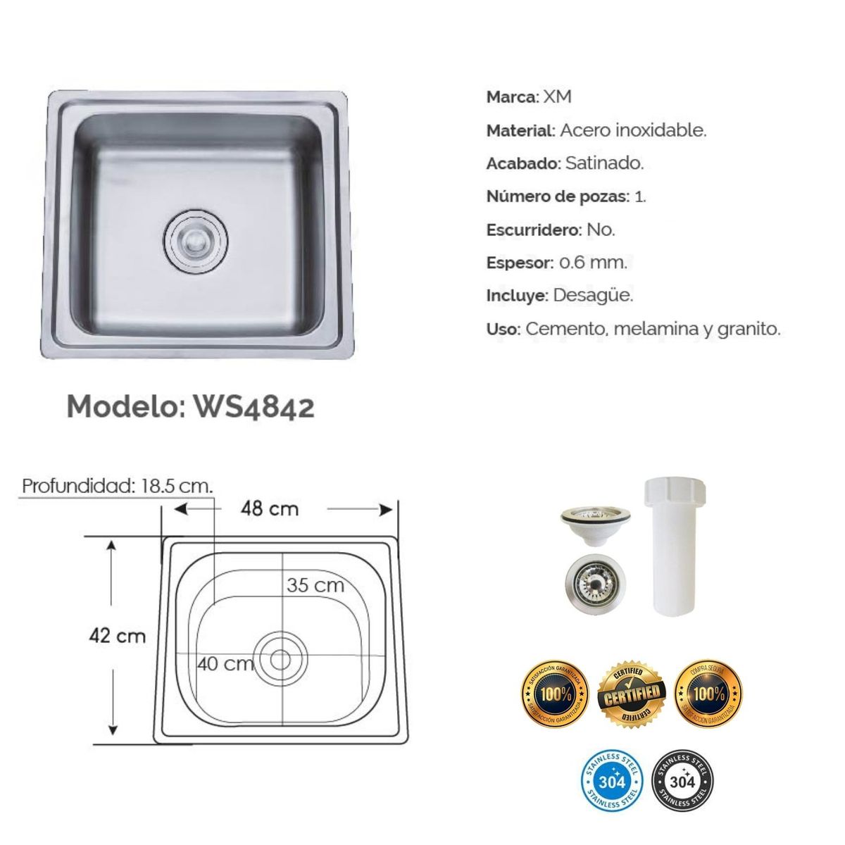 GENERICO - Lavadero para cocina de 1 Poza de Acero Inoxidable 304 48cm x 42 cm