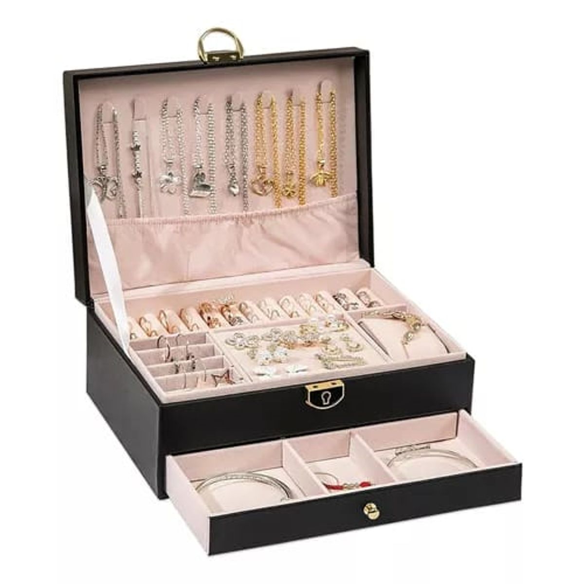 GENERICO - Joyero Grande de 2 niveles PU Organizador de Joyas de 2 Niveles