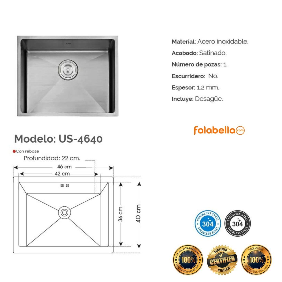XM - Lavadero de Cocina de Lujo Acero Inox XM US-4640 Nano Gris