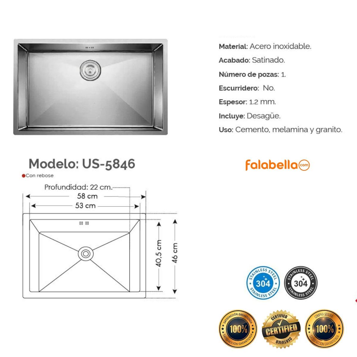 XM - Lavadero de Cocina de Lujo Acero Inoxidable US-5846 Plateado