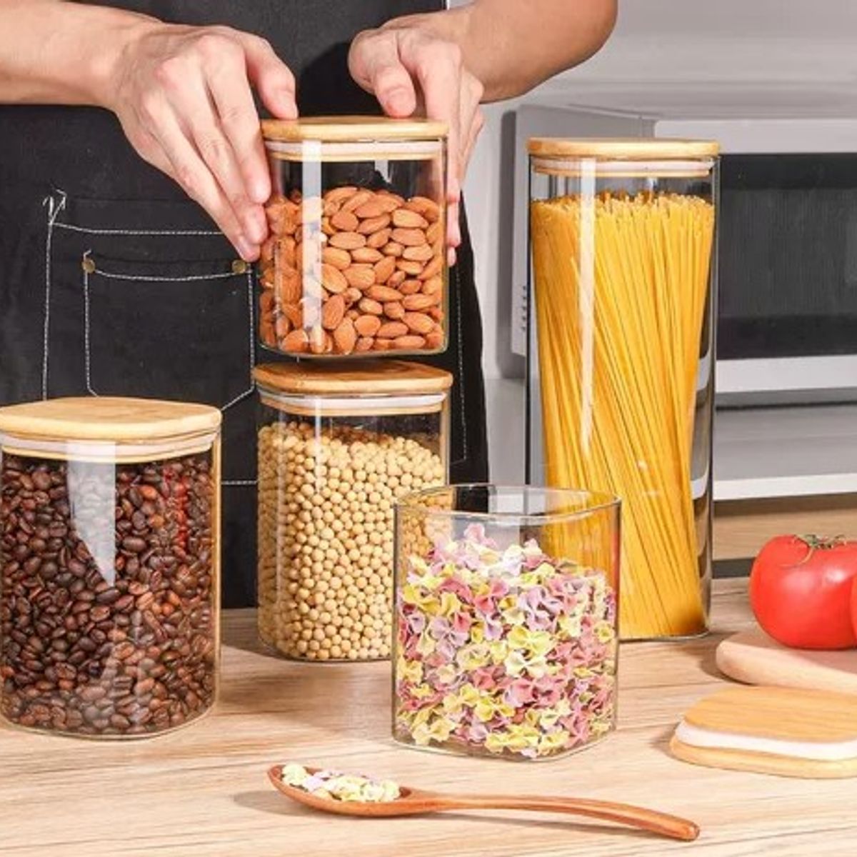 GENERICO - Set x 6 Contenedores de Alimentos con Tapa de Bambú.