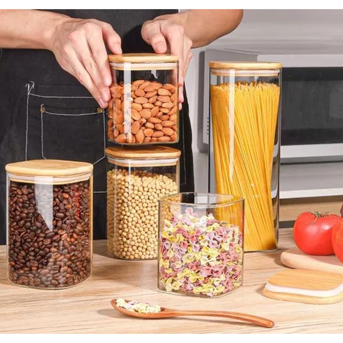 GENERICO - Set x 6 Contenedores de Alimentos con Tapa de Bambú.