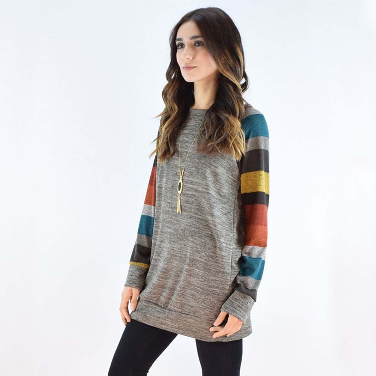 BAALATHKKO5 - Moda Playeras Mujer Camiseta De Manga Larga A Rayas