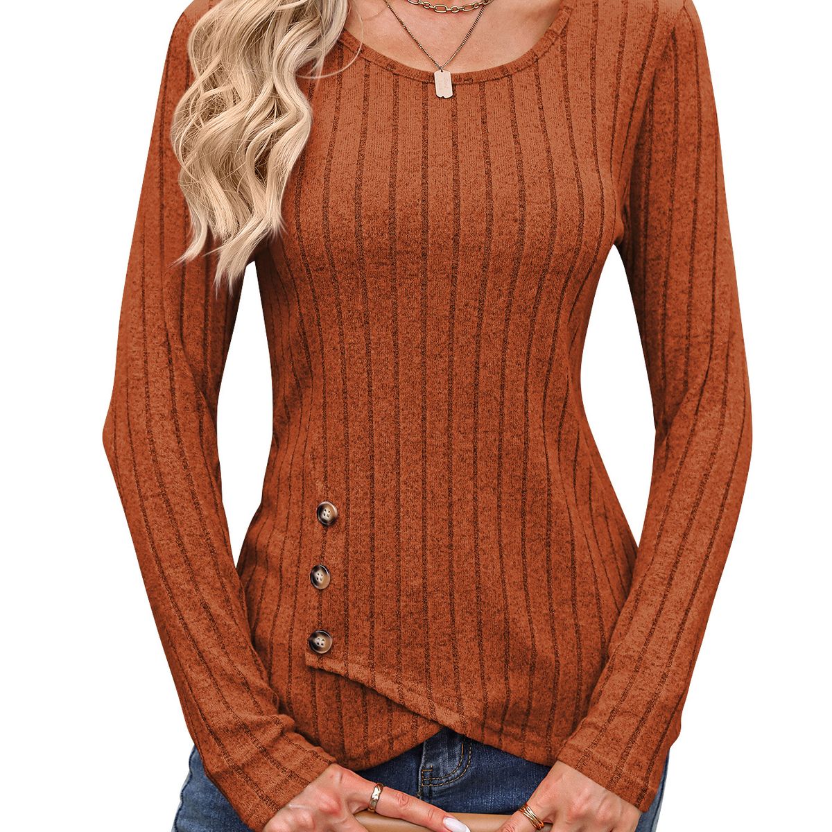 BLWOENS - Camiseta de manga larga de primavera y otoño para mujeres - Marrón