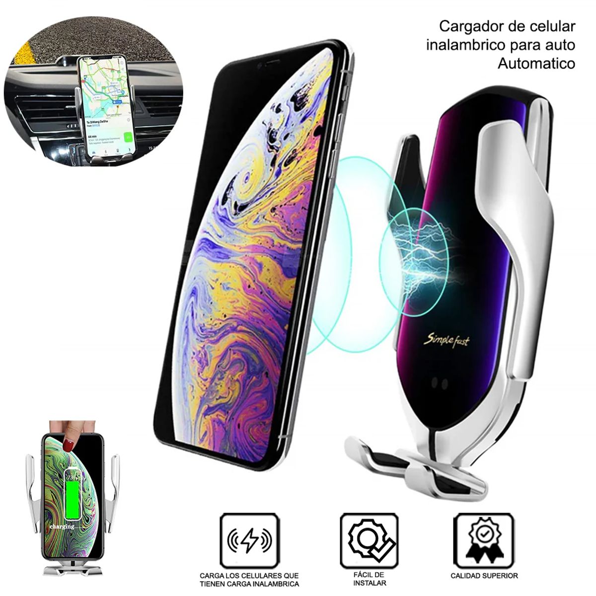 GENERICO - Soporte y Cargador Inalámbrico Celular para Auto R1 Plateado