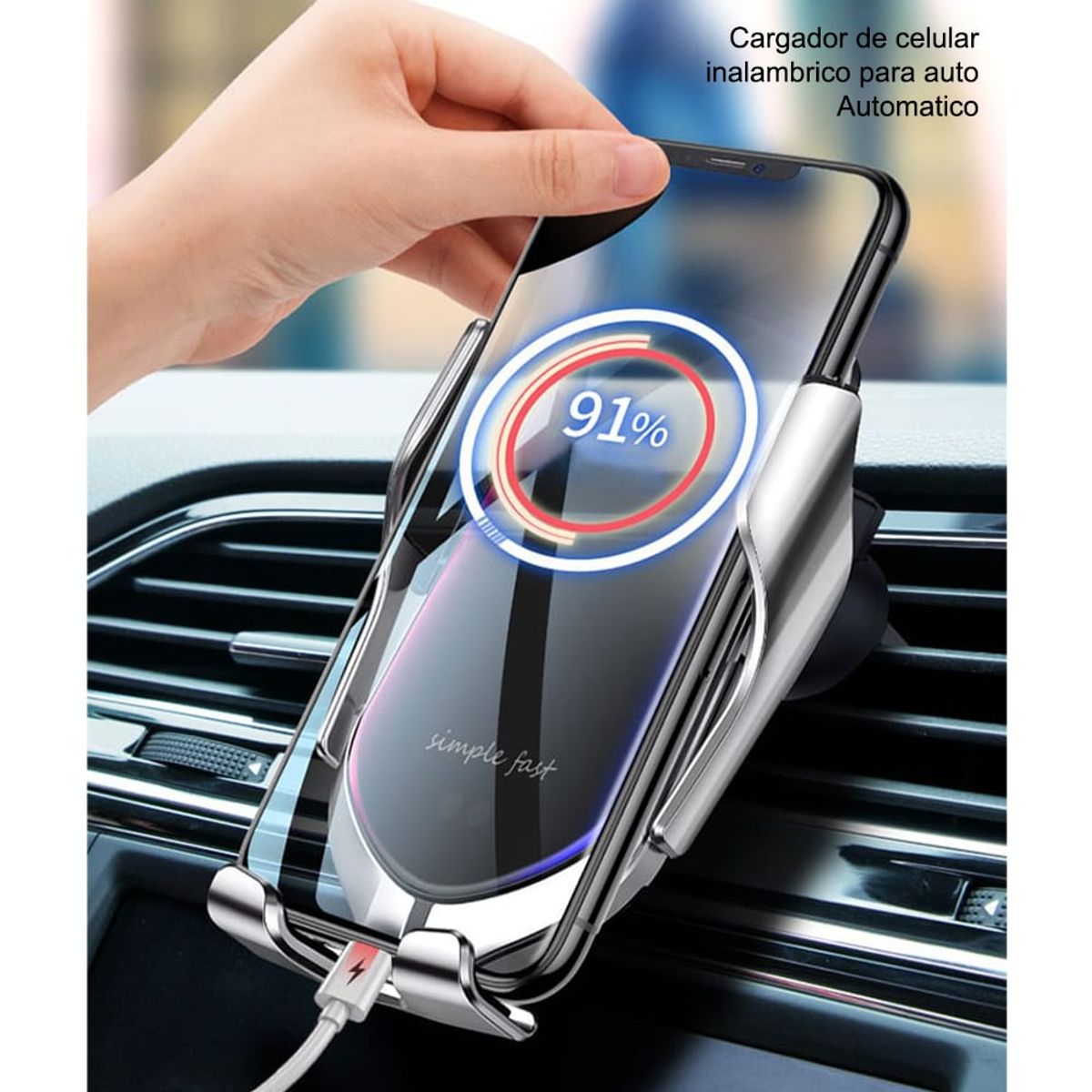 GENERICO - Soporte y Cargador Inalámbrico Celular para Auto R1 Plateado