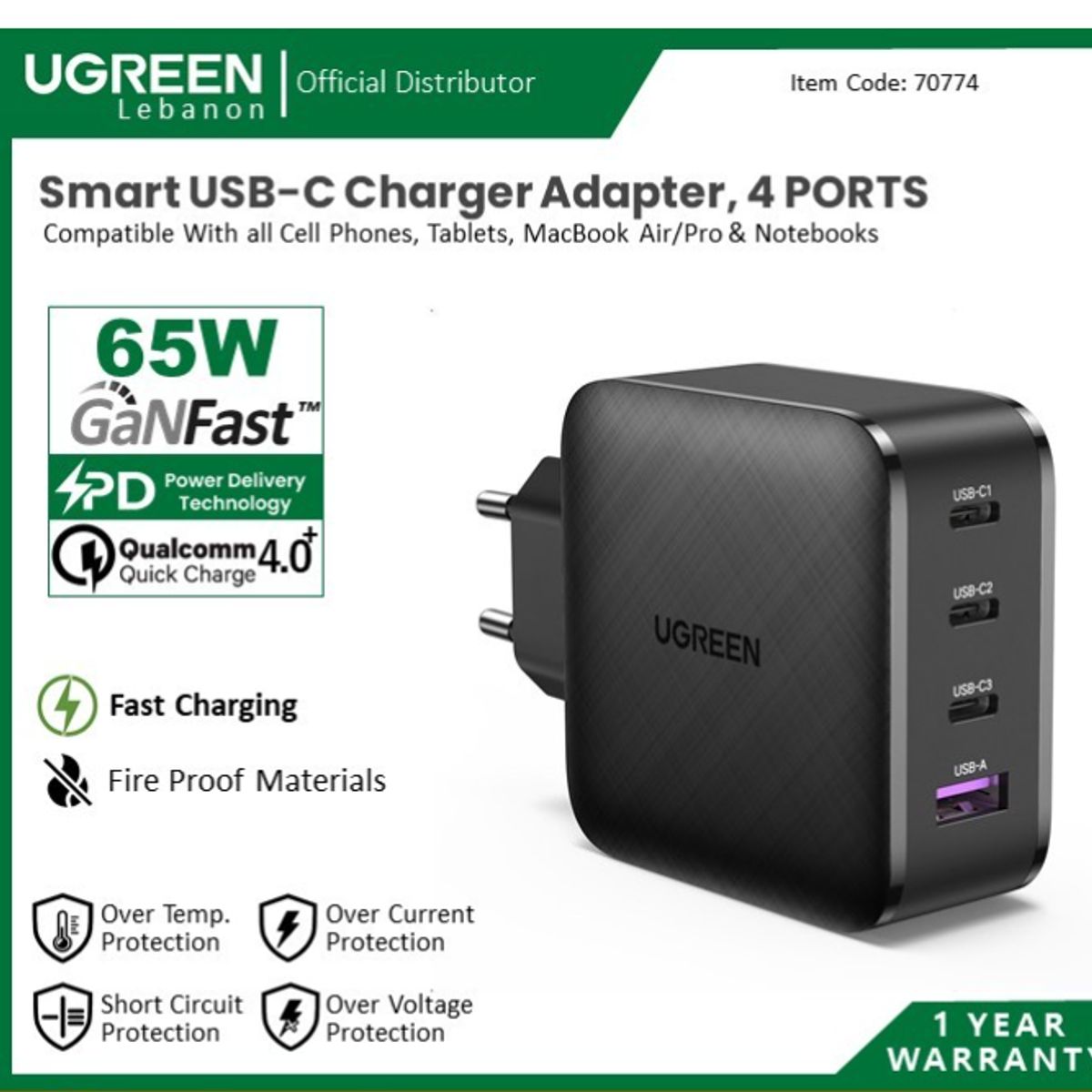 UGREEN - UGREEN CARGADOR 65W 4-PORT PD GAN FAST CHARGER