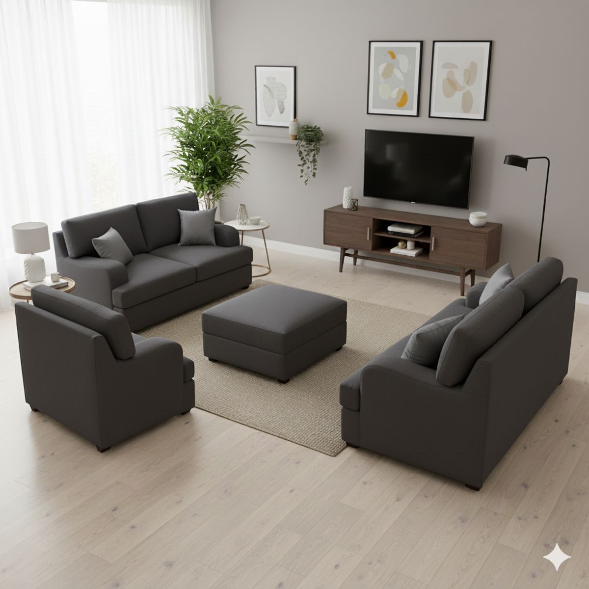 GENERICO - Juego de Sala Athina 3-2-1 + Banqueta Gris Oscuro